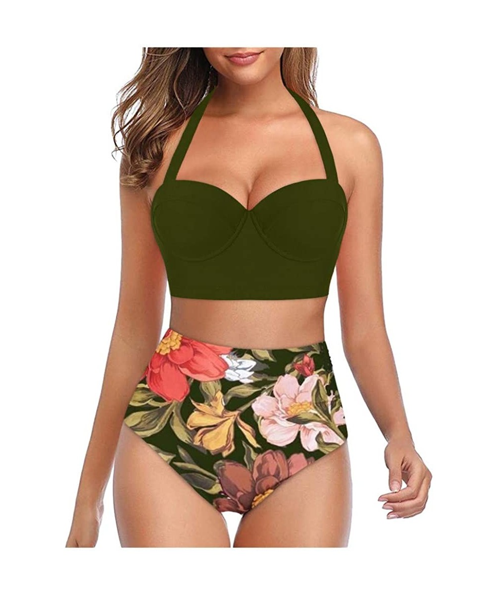 Sets Women Floral Print High Waist Crop Sexy Two Piece Swimwear Halter Bikini Swimsuit - Green - CK199UEATIT