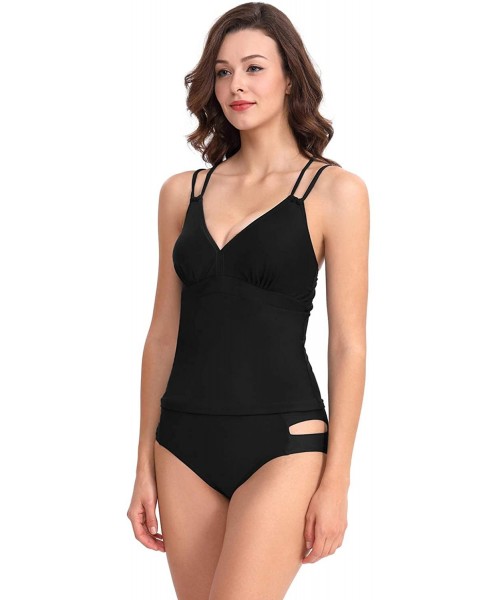 Sets Women's Two Piece Swimsuit V Neck Cross Back Padded Halter Top Tankini Suits - Black - CU18R9TGUL3