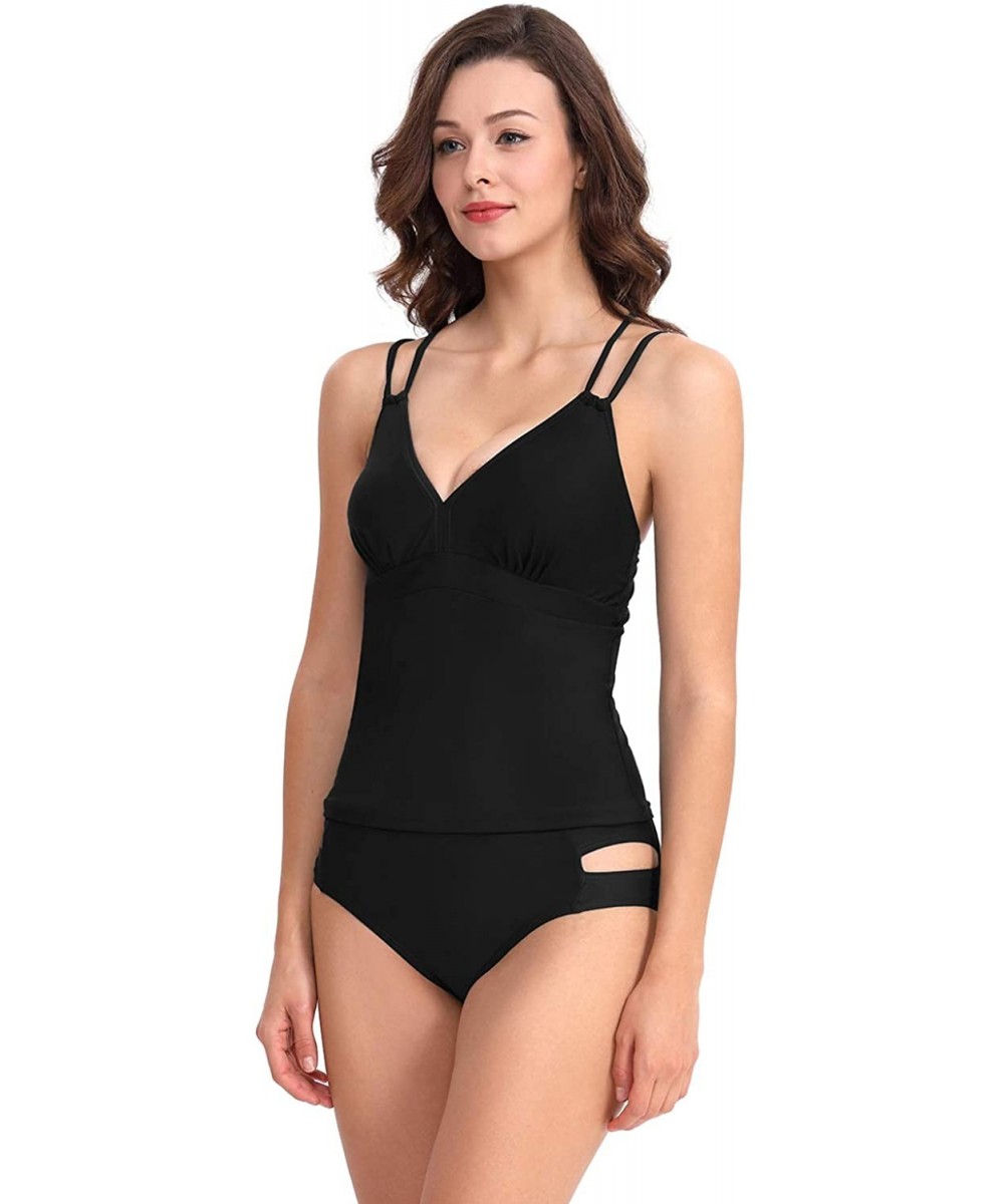 Sets Women's Two Piece Swimsuit V Neck Cross Back Padded Halter Top Tankini Suits - Black - CU18R9TGUL3