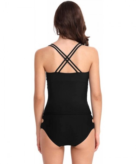 Sets Women's Two Piece Swimsuit V Neck Cross Back Padded Halter Top Tankini Suits - Black - CU18R9TGUL3