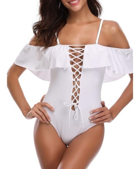 One-Pieces Women's Slimming Deep V-Neck Lace Up Front One Piece Swimming Bathing Suit Dress Swimwear Swimsuits - White - CA18...