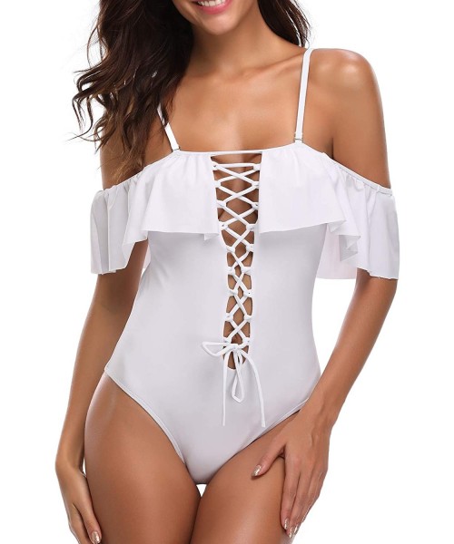 One-Pieces Women's Slimming Deep V-Neck Lace Up Front One Piece Swimming Bathing Suit Dress Swimwear Swimsuits - White - CA18...