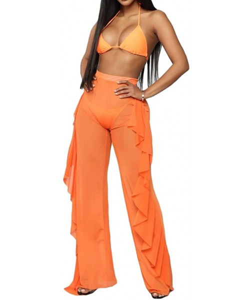 Bottoms Women's Perspective See Through Sheer Mesh Ruffle Pants Swimsuit Bikini Bottom Cover up - Orange - CI18QO5SLCR