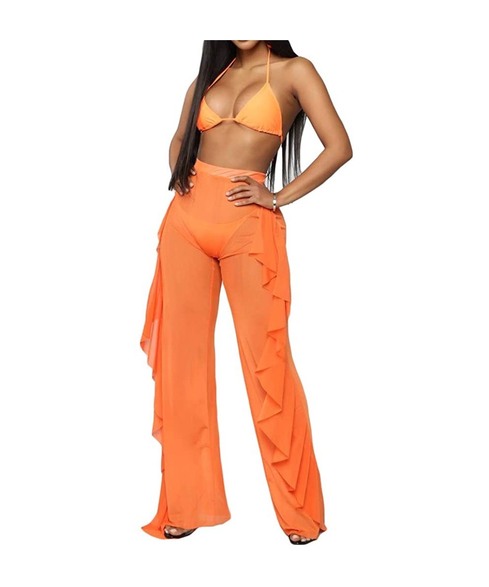 Bottoms Women's Perspective See Through Sheer Mesh Ruffle Pants Swimsuit Bikini Bottom Cover up - Orange - CI18QO5SLCR