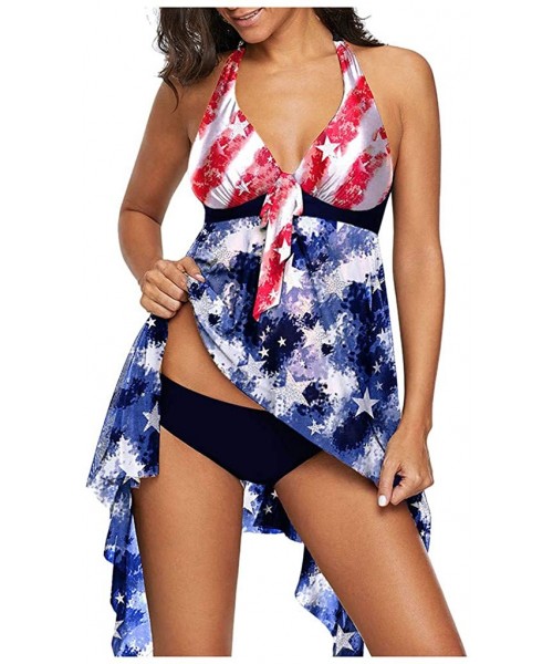 Bottoms Plus Size American Flag Crisscross Back Swimskirt Two Piece Swimsuits for Womens - Blue - C9199LR6QAA