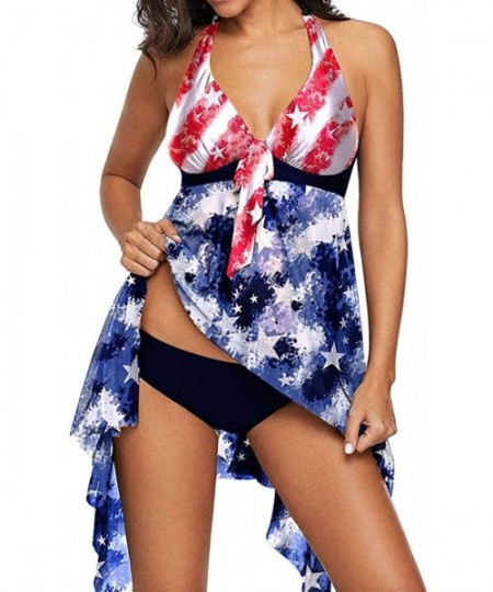 Bottoms Plus Size American Flag Crisscross Back Swimskirt Two Piece Swimsuits for Womens - Blue - C9199LR6QAA