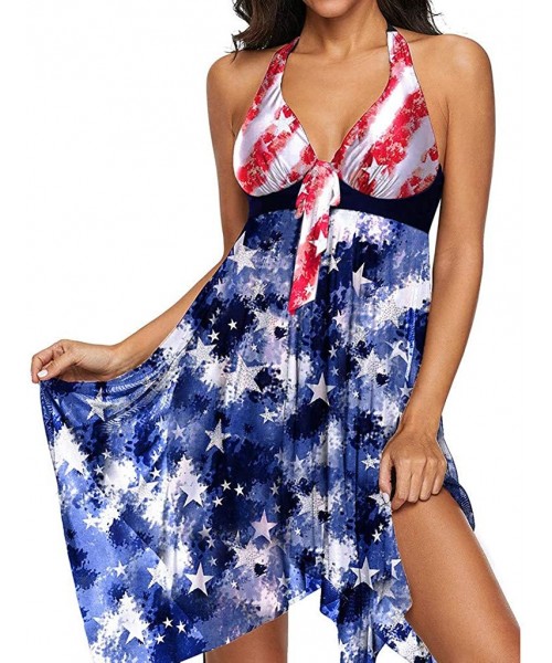 Bottoms Plus Size American Flag Crisscross Back Swimskirt Two Piece Swimsuits for Womens - Blue - C9199LR6QAA