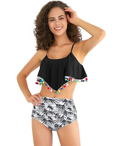 Sets Women's Padded Flounce Halter Bikini Set Ruffled Two Piece Off Shoulder Bandeau Swimsuit - Black - D - C518YNMWQH9