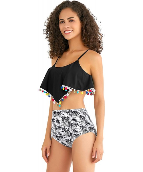 Sets Women's Padded Flounce Halter Bikini Set Ruffled Two Piece Off Shoulder Bandeau Swimsuit - Black - D - C518YNMWQH9