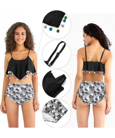 Sets Women's Padded Flounce Halter Bikini Set Ruffled Two Piece Off Shoulder Bandeau Swimsuit - Black - D - C518YNMWQH9