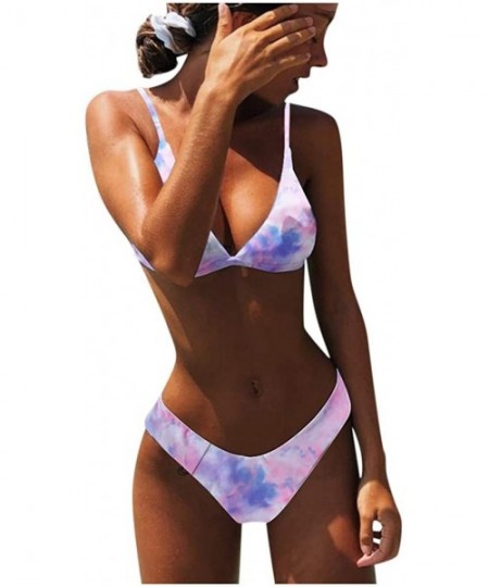 Sets Women's Sexy Tie Dye Leopard Print Brazilian Bikini High Cut Two Piece Swimsuit - Purple - C6199N0QA6Z