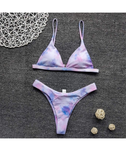 Sets Women's Sexy Tie Dye Leopard Print Brazilian Bikini High Cut Two Piece Swimsuit - Purple - C6199N0QA6Z