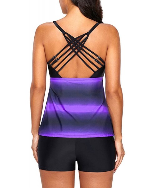 Tankinis Womens Criss Cross Back Color Block Print Striped Plus Size Tankini Top with Boyshorts Swimsuit (S XXXXL) Purple - C...