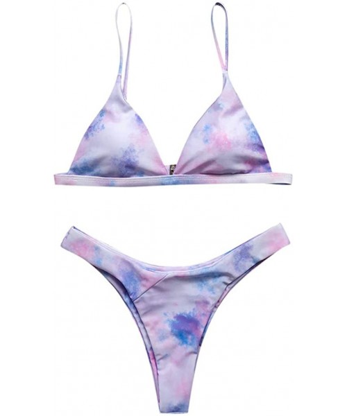 Sets Women's Sexy Tie Dye Leopard Print Brazilian Bikini High Cut Two Piece Swimsuit - Purple - C6199N0QA6Z