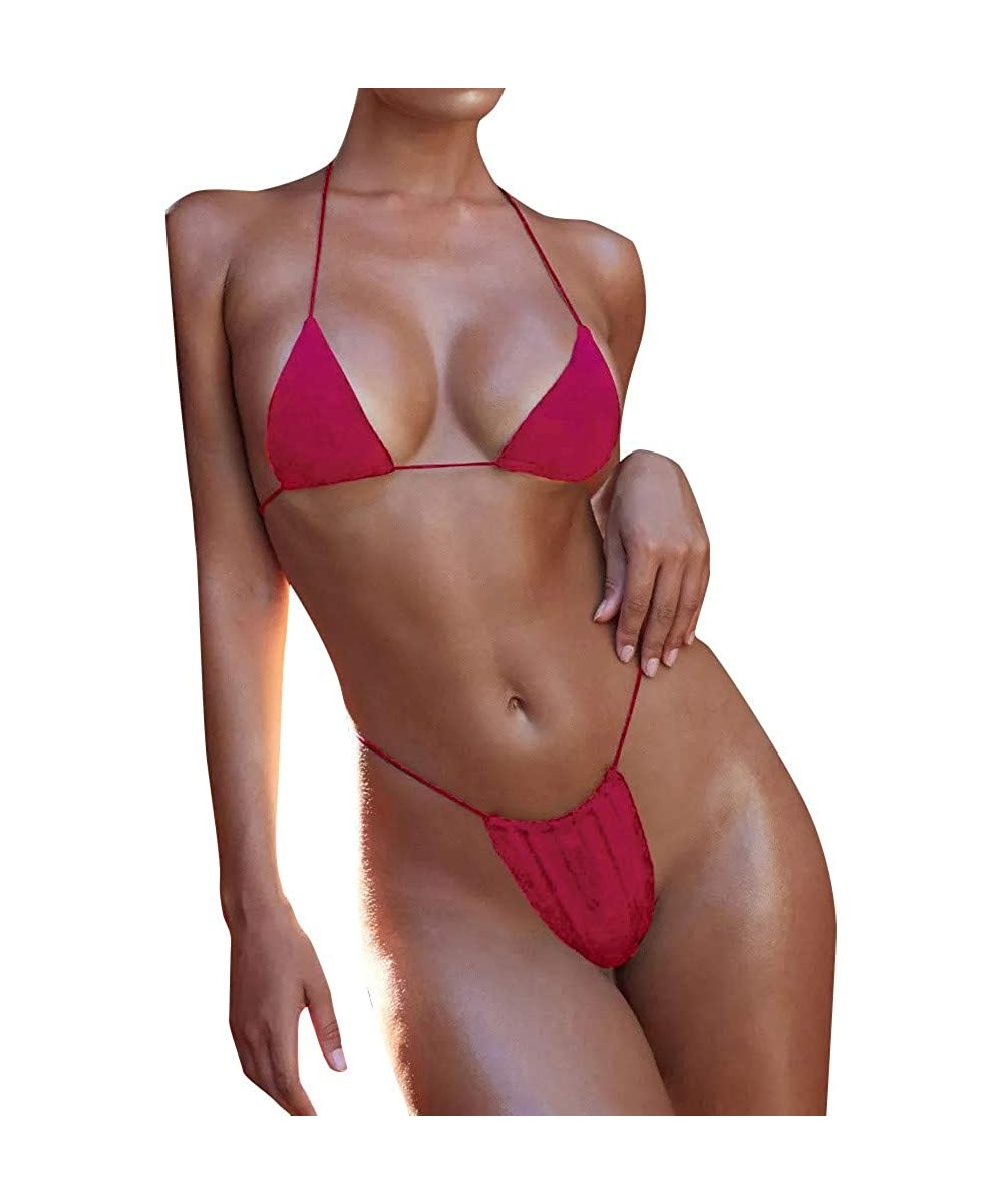 Sets Bandage Bikini Set Sexy Clear Strap Push-Up Thong Brazilian Swimwear Beachwear Strapless Swimsuit - Wine - CG195R7NM2G