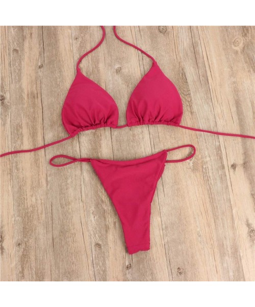 Sets Bandage Bikini Set Sexy Clear Strap Push-Up Thong Brazilian Swimwear Beachwear Strapless Swimsuit - Wine - CG195R7NM2G