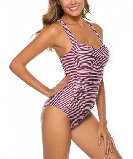 One-Pieces Womens Tummy Control One Piece Swimsuits Striped Halter Bathing Suits Slimming Ruched Vintage Swimwear Wine/White ...