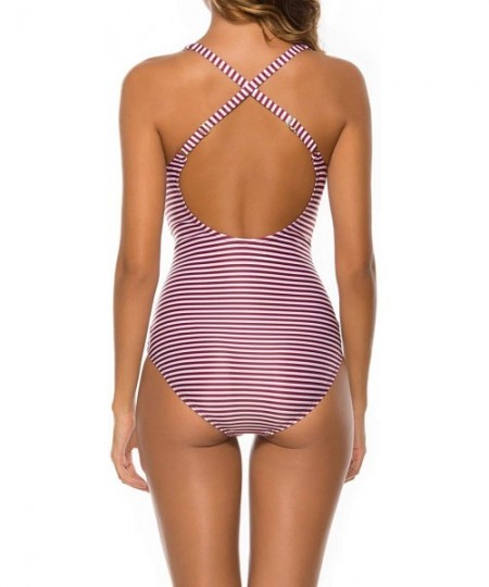 One-Pieces Womens Tummy Control One Piece Swimsuits Striped Halter Bathing Suits Slimming Ruched Vintage Swimwear Wine/White ...