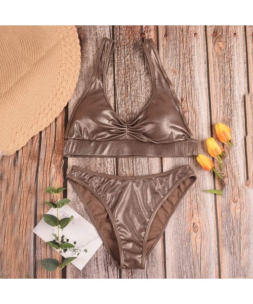 Sets Womens Ruffled with High Waisted Bottom Bikini Set Two Pieces Bathing Top - Gold - CC194682N5Y