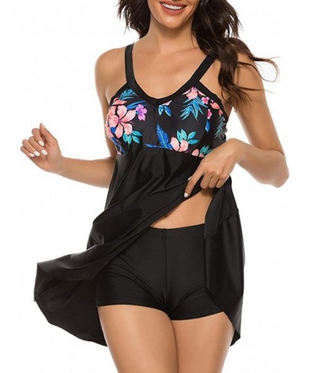 Sets Women's Tankini Swimsuit Floral Print Two Piece Bathing Suit Swimdress Plus Size Swimwear - New 1 Black & Blue - C2196Z6...