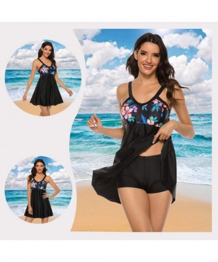 Sets Women's Tankini Swimsuit Floral Print Two Piece Bathing Suit Swimdress Plus Size Swimwear - New 1 Black & Blue - C2196Z6...