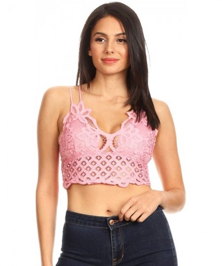 Tops Women's Floral Crochet Lace Spaghetti Strap Bralette Crop Bikini Top - Cotton Candy Pink - C018AL40NKX