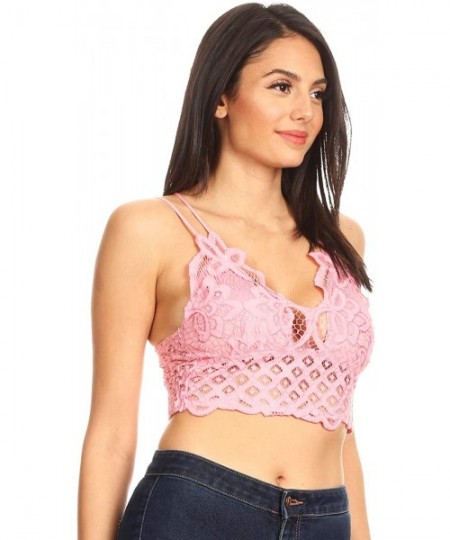 Tops Women's Floral Crochet Lace Spaghetti Strap Bralette Crop Bikini Top - Cotton Candy Pink - C018AL40NKX