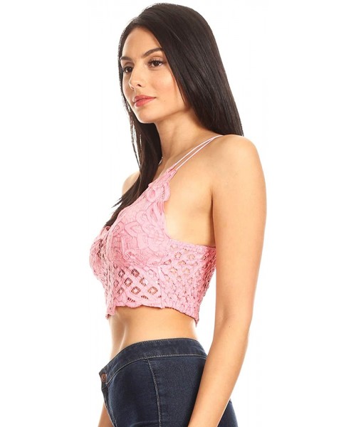 Tops Women's Floral Crochet Lace Spaghetti Strap Bralette Crop Bikini Top - Cotton Candy Pink - C018AL40NKX