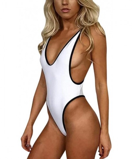 One-Pieces Women's Deep One Piece Swimsuit- One Piece Women V Neck Thong Bikini Monokini - White - CQ196WNI85O