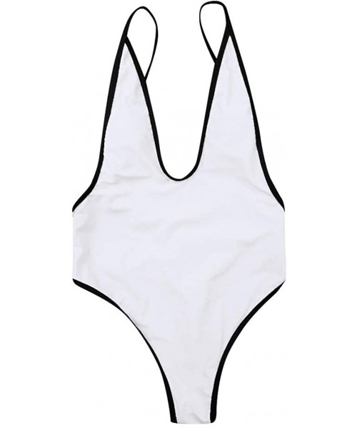 One-Pieces Women's Deep One Piece Swimsuit- One Piece Women V Neck Thong Bikini Monokini - White - CQ196WNI85O