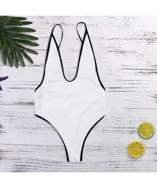 One-Pieces Women's Deep One Piece Swimsuit- One Piece Women V Neck Thong Bikini Monokini - White - CQ196WNI85O