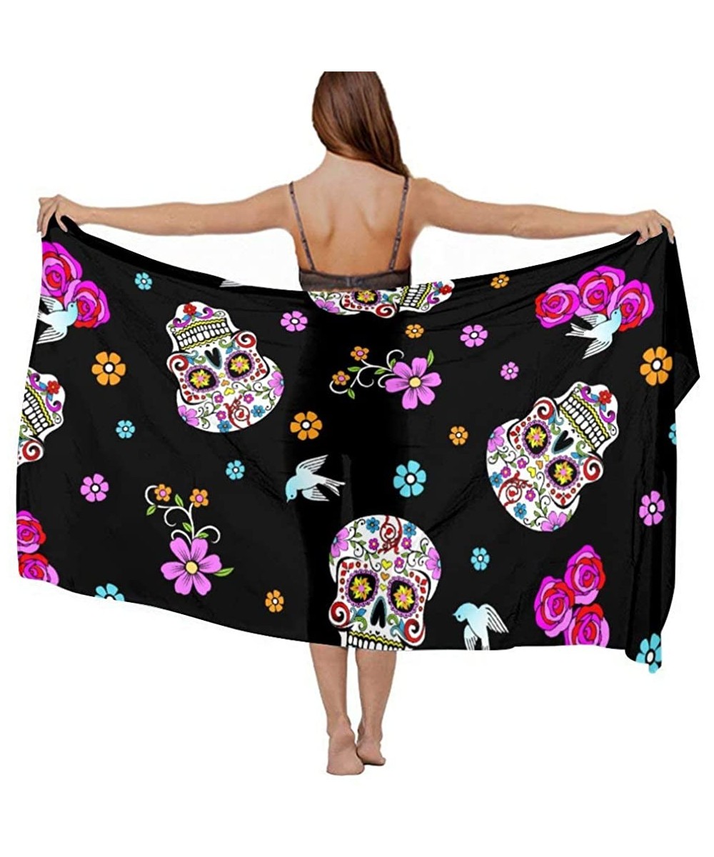 Cover-Ups Women Girl Fashion Chiffon Scarf Bikini Cover Up Summer Beach Sarong Wrap - Pink Rose Flower Sugar Skull Black - CG...