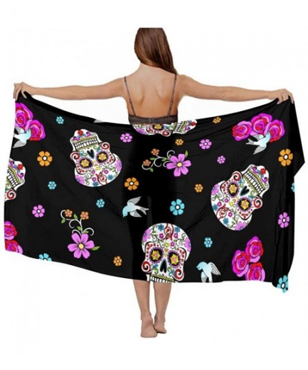 Cover-Ups Women Girl Fashion Chiffon Scarf Bikini Cover Up Summer Beach Sarong Wrap - Pink Rose Flower Sugar Skull Black - CG...