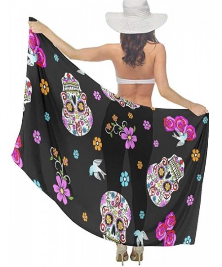 Cover-Ups Women Girl Fashion Chiffon Scarf Bikini Cover Up Summer Beach Sarong Wrap - Pink Rose Flower Sugar Skull Black - CG...