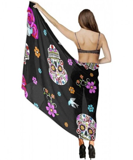 Cover-Ups Women Girl Fashion Chiffon Scarf Bikini Cover Up Summer Beach Sarong Wrap - Pink Rose Flower Sugar Skull Black - CG...