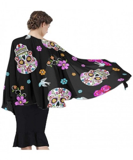 Cover-Ups Women Girl Fashion Chiffon Scarf Bikini Cover Up Summer Beach Sarong Wrap - Pink Rose Flower Sugar Skull Black - CG...