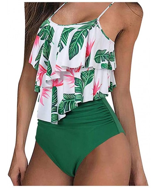 Tops Swimsuits for Women Two Piece Bathing Suits High Waisted Bikini Set Ruffle Spaghetti Straps Tankini Bathsuit Green - C71...