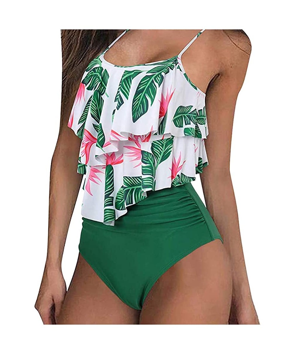 Tops Swimsuits for Women Two Piece Bathing Suits High Waisted Bikini Set Ruffle Spaghetti Straps Tankini Bathsuit Green - C71...