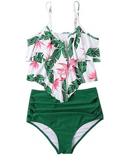 Tops Swimsuits for Women Two Piece Bathing Suits High Waisted Bikini Set Ruffle Spaghetti Straps Tankini Bathsuit Green - C71...