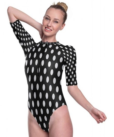 Rash Guards Womens Zip Up Printed Short Sleeve 1 Piece Rash Guard Swimsuit Black White Polka Dot Swimwear - 3d Print - C019DL...