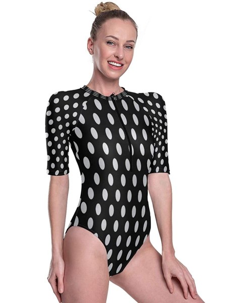 Rash Guards Womens Zip Up Printed Short Sleeve 1 Piece Rash Guard Swimsuit Black White Polka Dot Swimwear - 3d Print - C019DL...