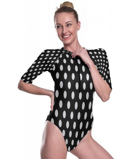 Rash Guards Womens Zip Up Printed Short Sleeve 1 Piece Rash Guard Swimsuit Black White Polka Dot Swimwear - 3d Print - C019DL...