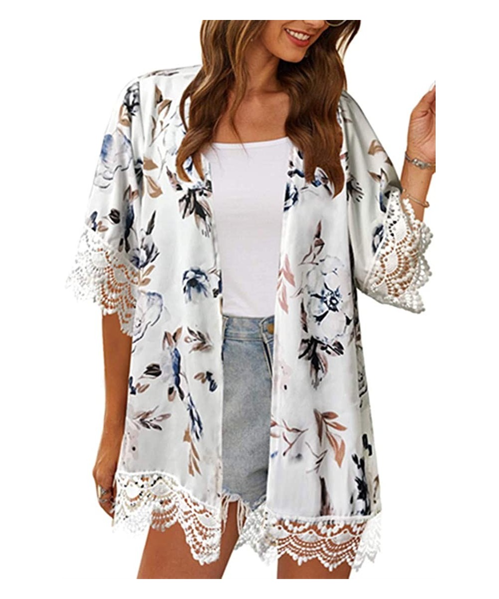 Cover-Ups Womens Kimono Cardigans Floral Print Chiffon Beach Cover ups Loose Casual Tops - Blue White Floral - C6190359782