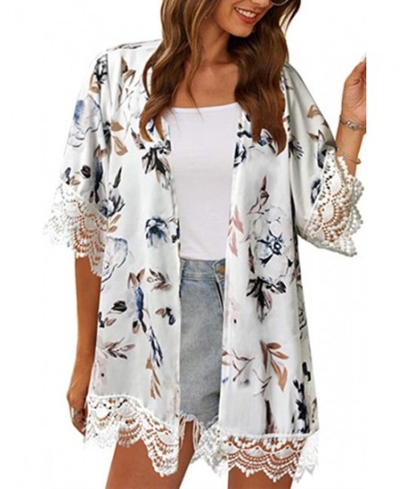 Cover-Ups Womens Kimono Cardigans Floral Print Chiffon Beach Cover ups Loose Casual Tops - Blue White Floral - C6190359782