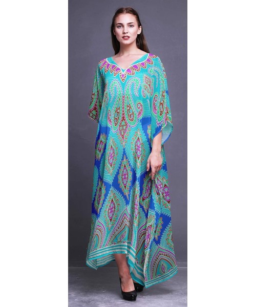 Cover-Ups Ladies Plus Size Kaftan Summer Wear Beach Coverup Kimono Caftan - Turquoise Green2 - CY18RDGCGLX