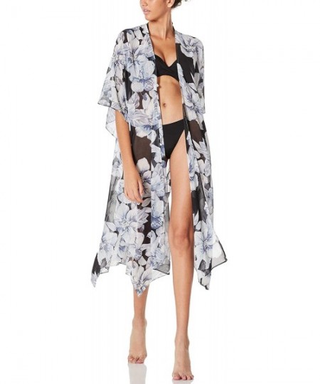 Cover-Ups Women's Swimsuit Cover up Beach Kaftan for Bathing Suit with Floral Pattern - D Black With White Floral - CK18R5I457Y