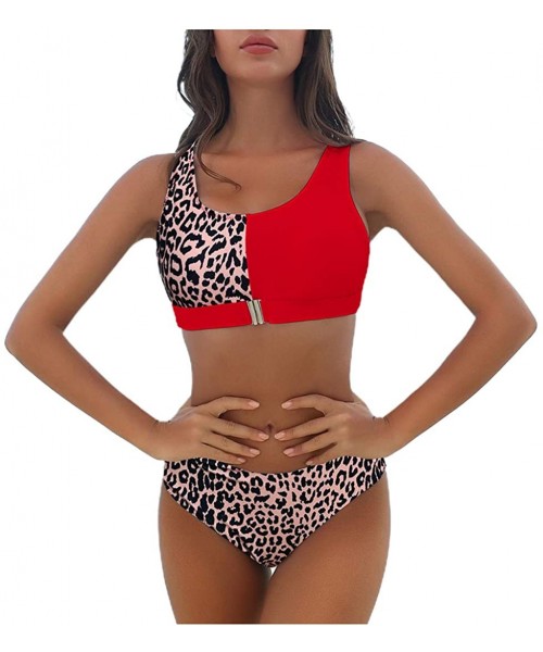 One-Pieces Women's Scoop Neck High Waist Leopard Bikini Buckle Front Two Pieces Swimsuits - Red/Leopard - C8190WIAAR6