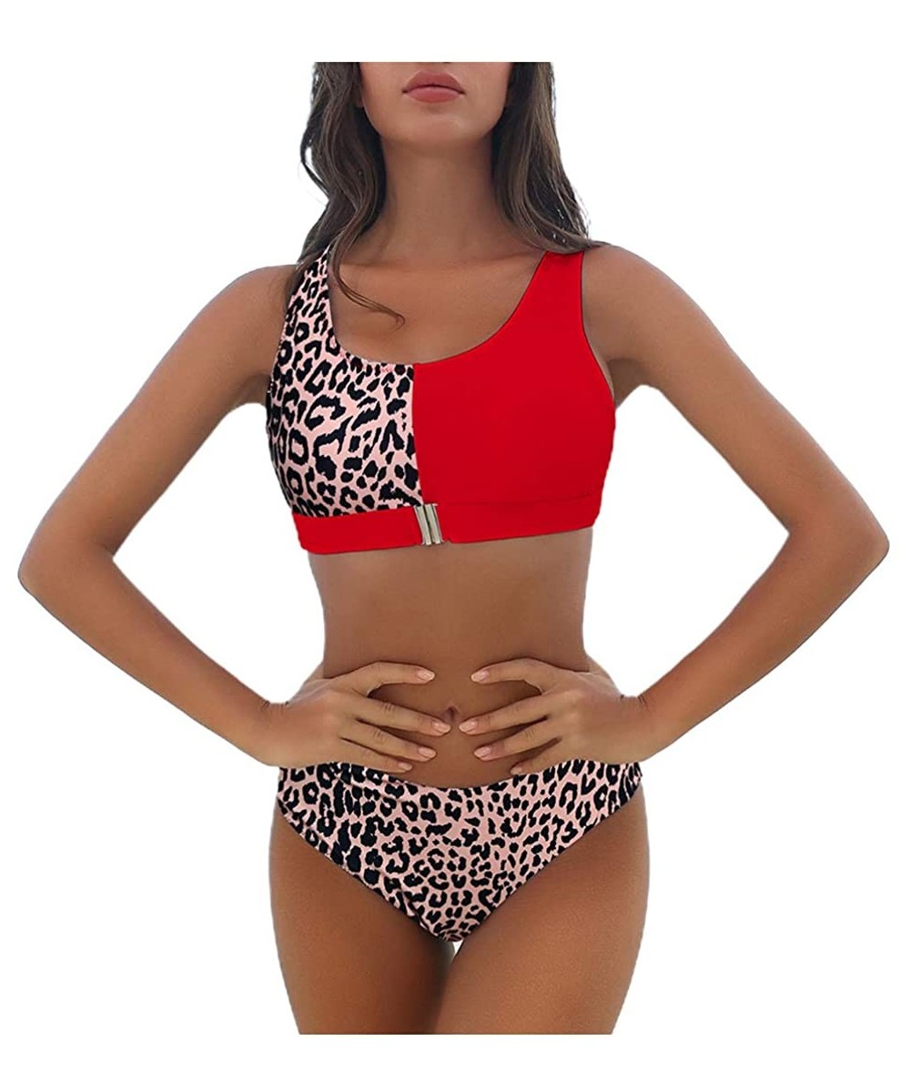 One-Pieces Women's Scoop Neck High Waist Leopard Bikini Buckle Front Two Pieces Swimsuits - Red/Leopard - C8190WIAAR6