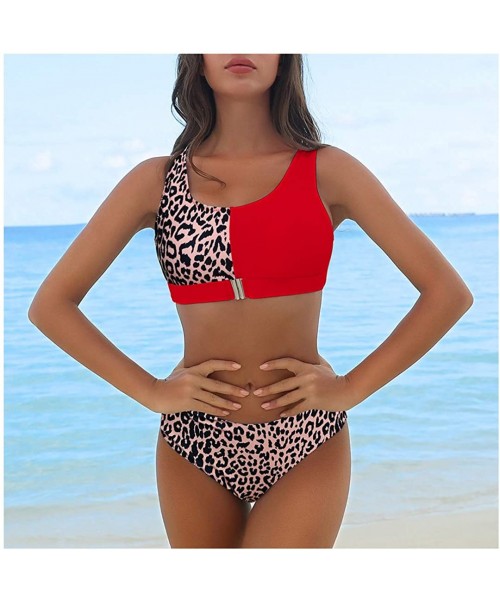 One-Pieces Women's Scoop Neck High Waist Leopard Bikini Buckle Front Two Pieces Swimsuits - Red/Leopard - C8190WIAAR6