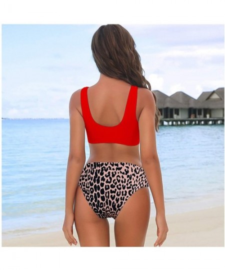 One-Pieces Women's Scoop Neck High Waist Leopard Bikini Buckle Front Two Pieces Swimsuits - Red/Leopard - C8190WIAAR6